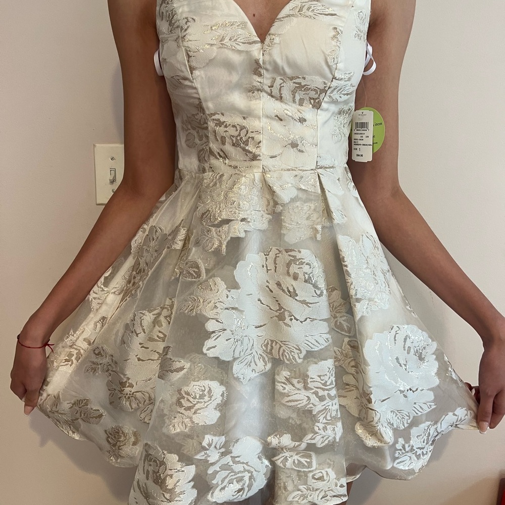 Windsor White Gold Mini Dress with Plunging Neckline Prom NWT